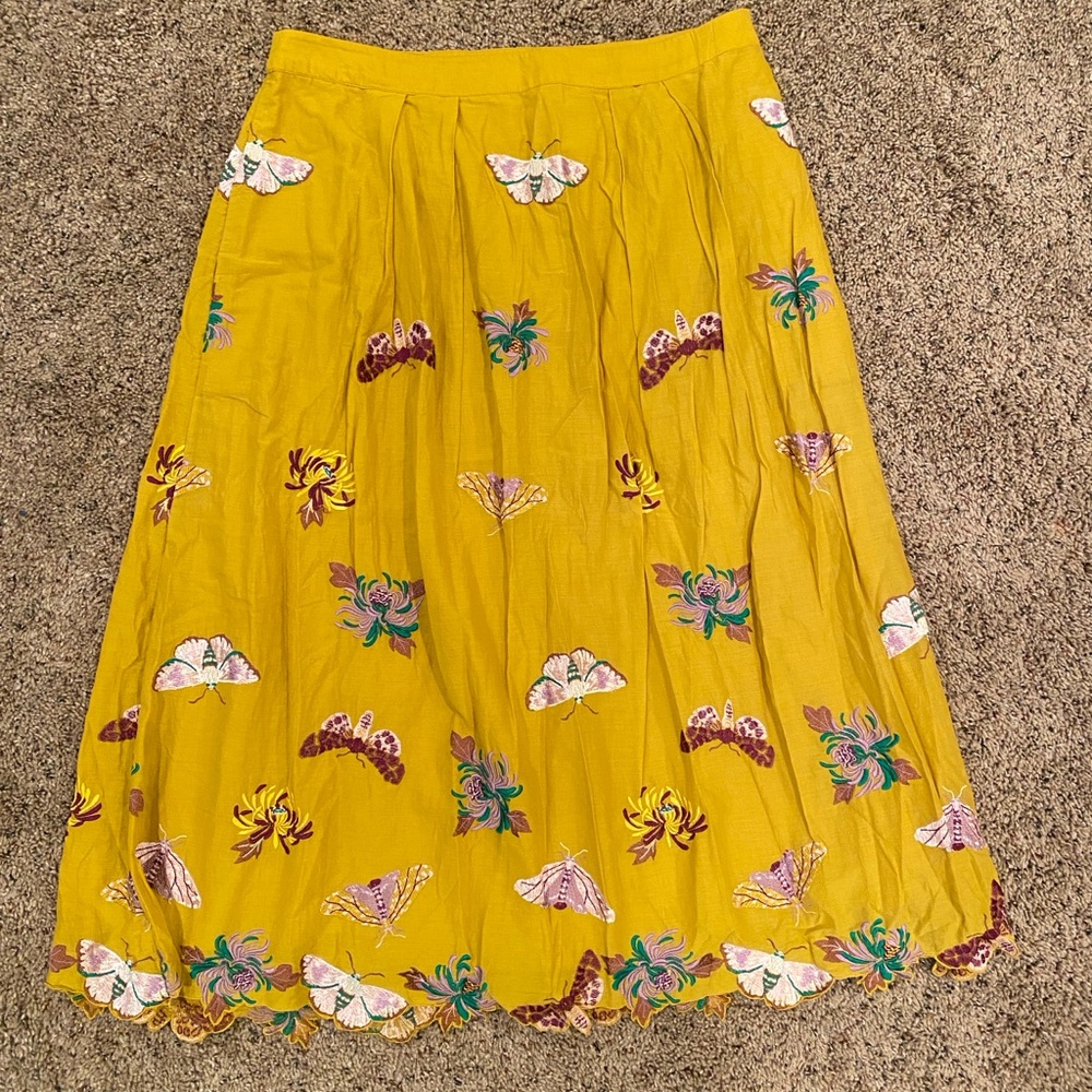 Anthropologie Yellow Embroidered Midi Skirt